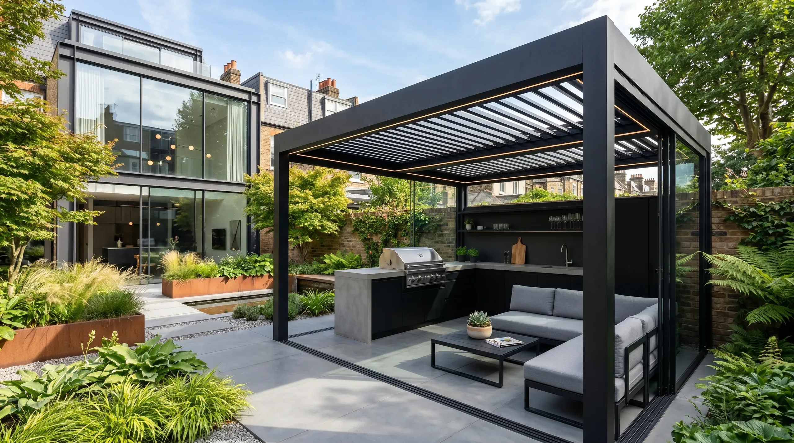 Pergola metalowa z kuchnią i strefą wypoczynkową na tarasie przy nowoczesnym ogrodzie