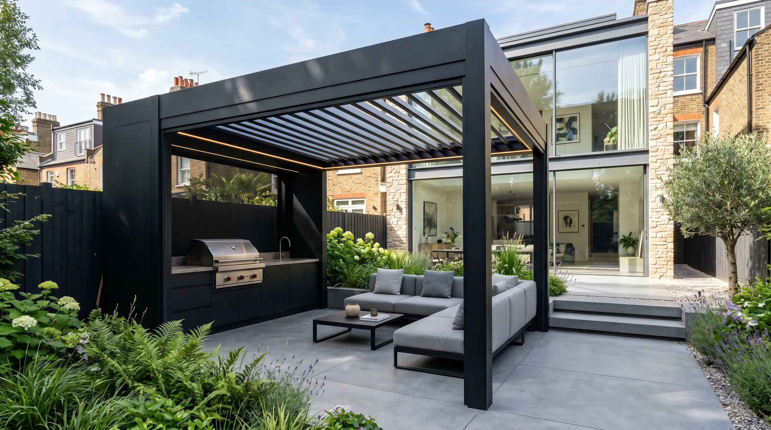 Pergola metalowa z zadaszeniem tarasowym, kuchnia z grillem i strefa wypoczynku na nowoczesnym tarasie