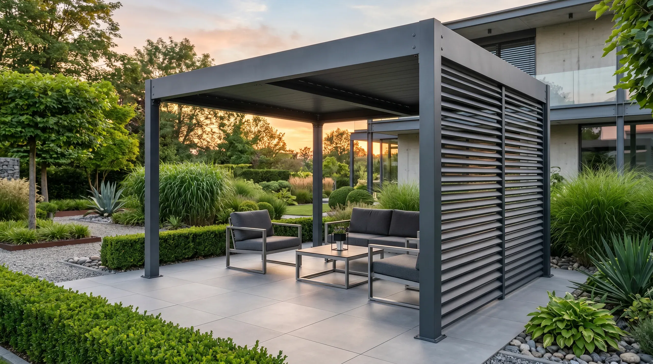 Pergola metalowa nad nowoczesnym tarasem z meblami ogrodowymi