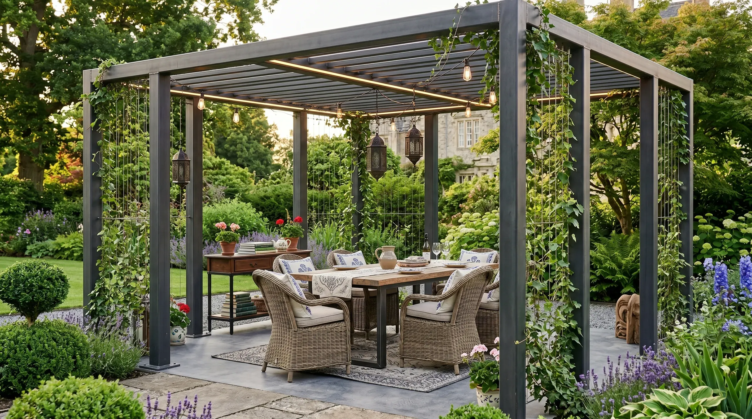Pergola ogrodowa z metalową konstrukcją, winoroślą i zestawem mebli ogrodowych pod zadaszeniem